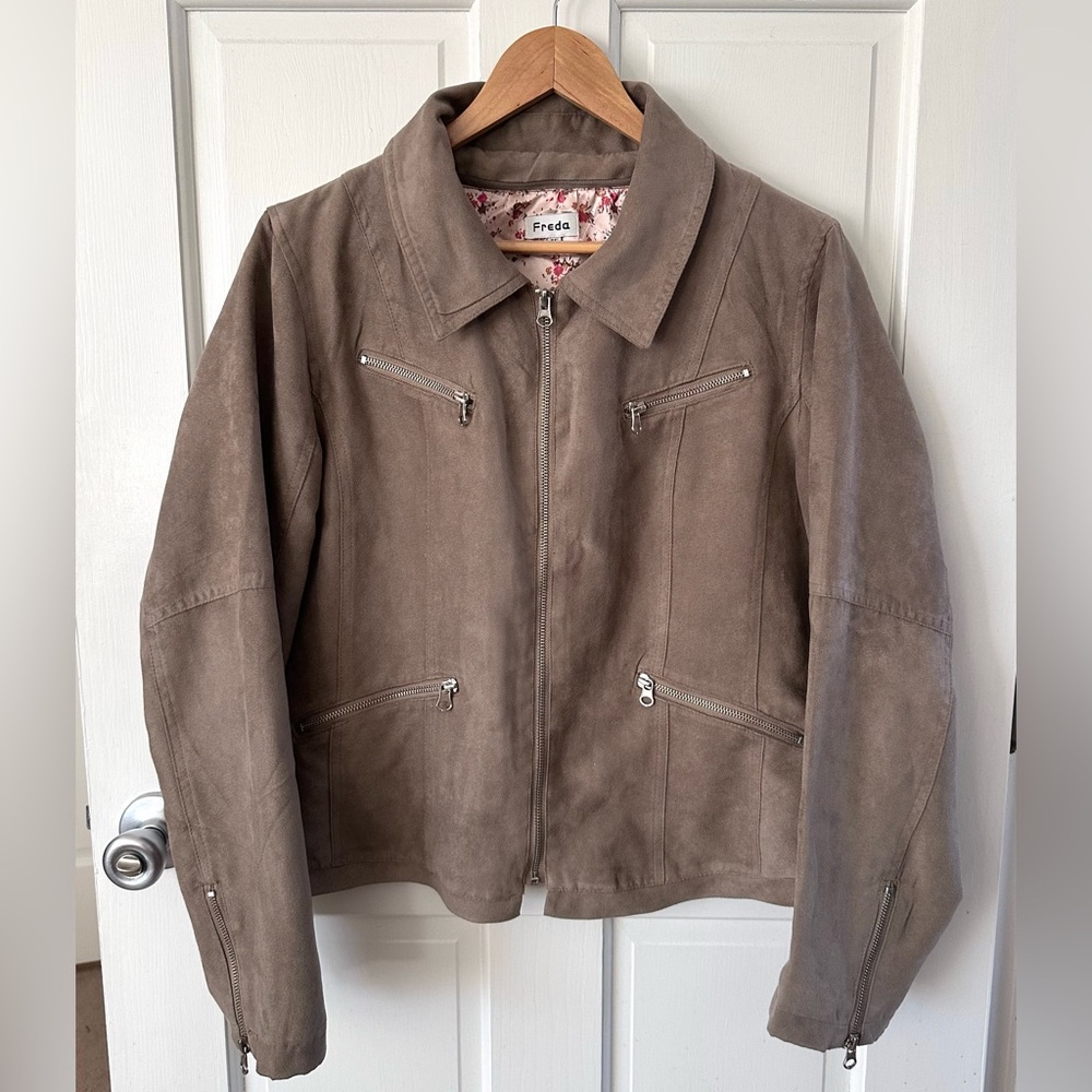 Freda (UK Boutique) Taupe Faux Suede Biker Moto Jacket Zippers T5 Size L